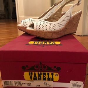 Vaneli White Patent Leather and Cork Wedges